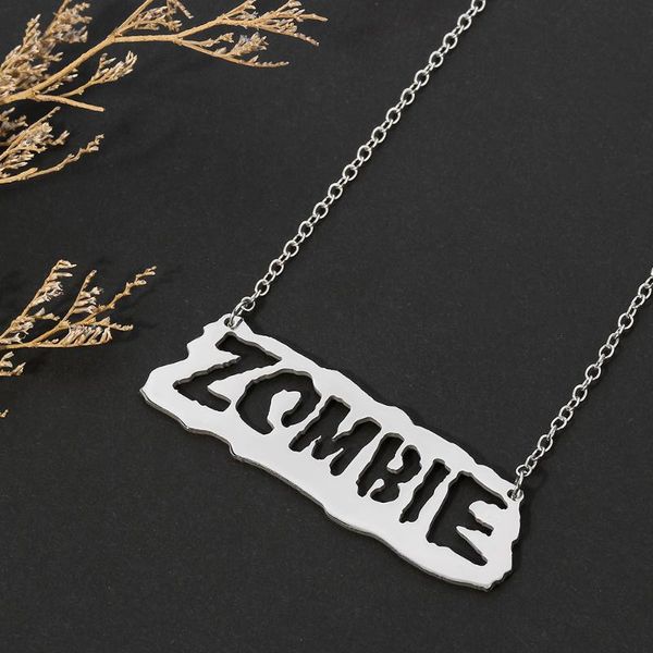 

pendant necklaces creative zombie letter hollow necklace men's hip hop punk style stainless steel rapper costume jewelry trend accessor, Silver