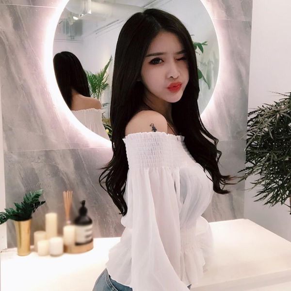 

women's blouses & shirts korean blouse ruffled decoration fashion slash neck long-sleeved spring autumn solid camisa, White