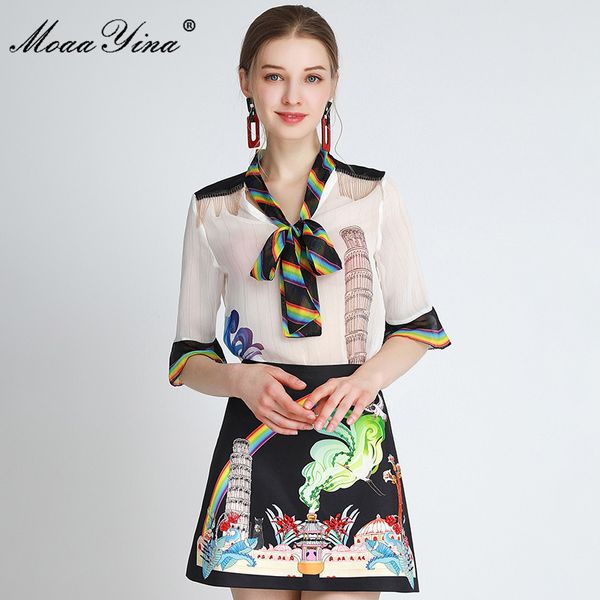 Fashion Designer Set Primavera Mulheres 3/4 Tops de Manga + Impressão Multicolor Beading Saia de duas peças 210524