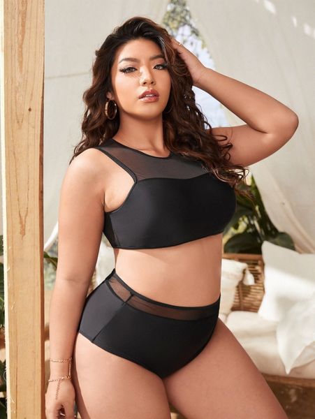 

plus plain contrast mesh high waisted bikini swimsuit e0ua#, Black