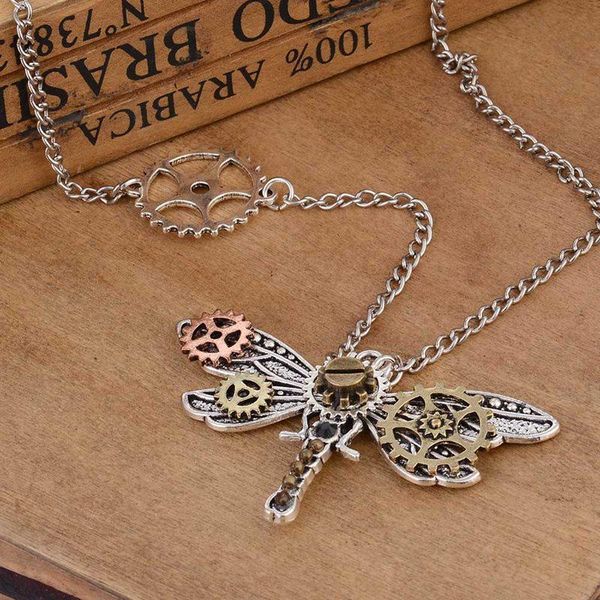 

pendant necklaces retro creative dragonfly personality collares jewelry steampunk vintage necklace for men women, Silver