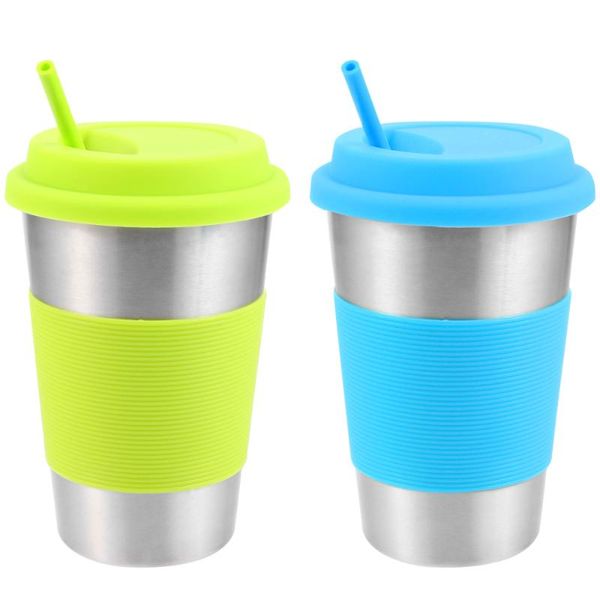 

2pcs 500ml stainless steel picnic mugs straw water cups anti-scald bottles
