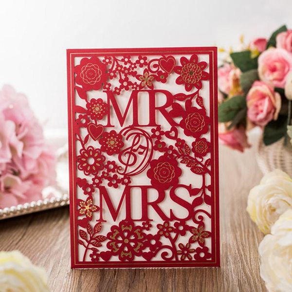 

greeting cards (10 pieces/lot) laser cut mr&mrs wedding invitations with gold foil flowers white red engagement invitation cx029
