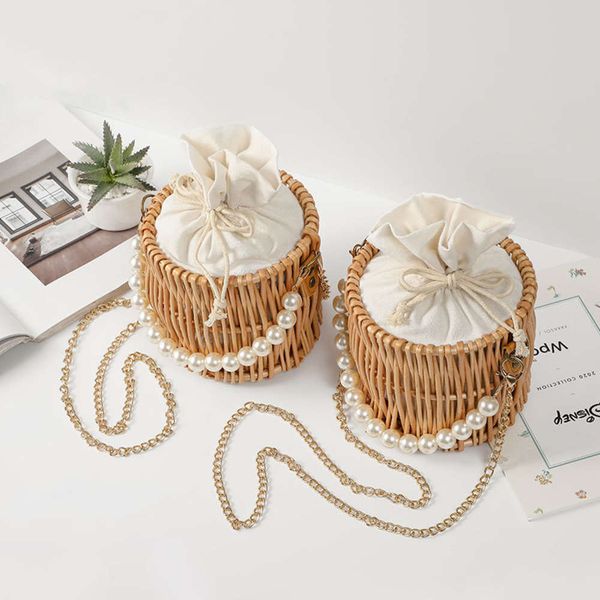 

summer straw bag women 2021 net red hand pearl with hand gift rattan bag beach bucket