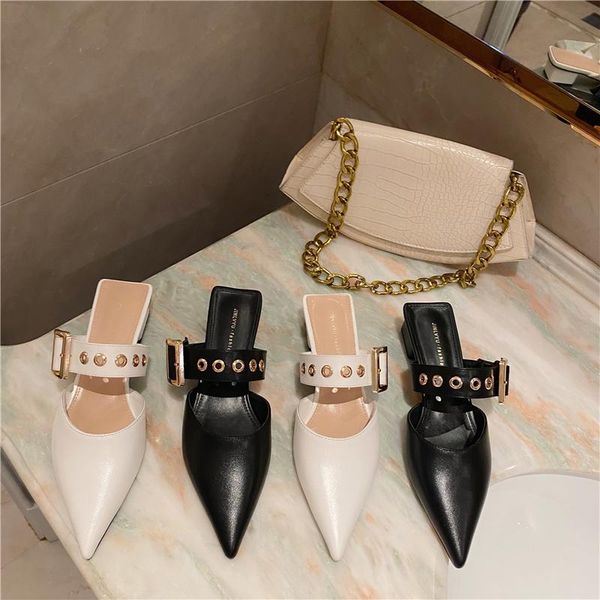

fashion women slippers belt buckle pointed toe black white flat heeled thick heels casual slides pumps 2021 arrivals shoes