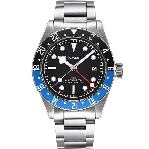 

wristwatches corgeut men's sterile watch sapphire gmt 316l steel band mechanical automatic military sports calendar clock, Slivery;brown