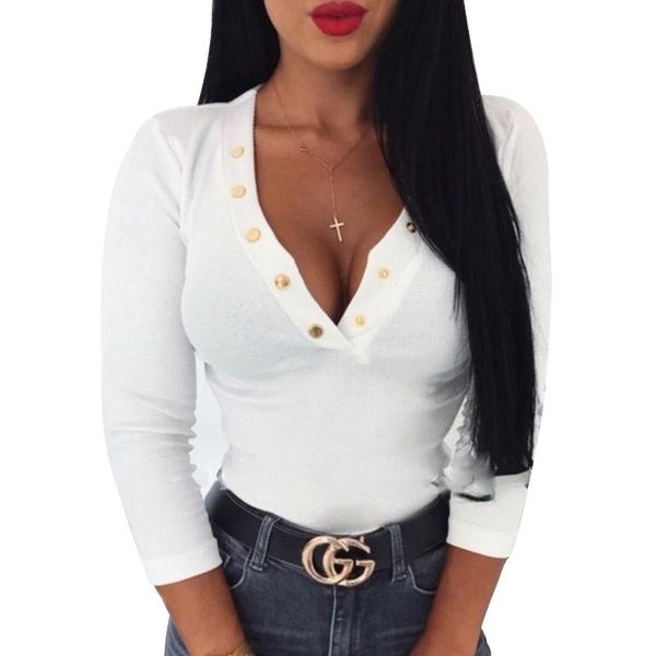 

women's blouses & shirts women autumn long sleeve stretch v-neck sweatshirt blouse tee casual jumper buttons ladies top, White