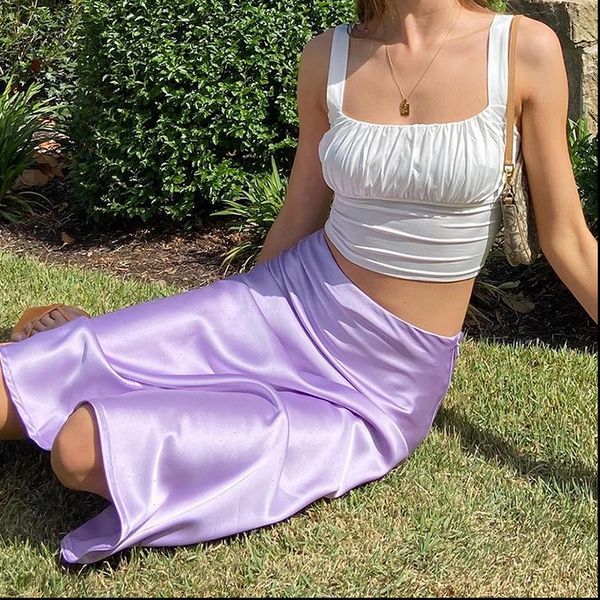 

solid purple satin silk women skirts high waisted summer long elegant office midi spring clothes jupe vintage punk, Black