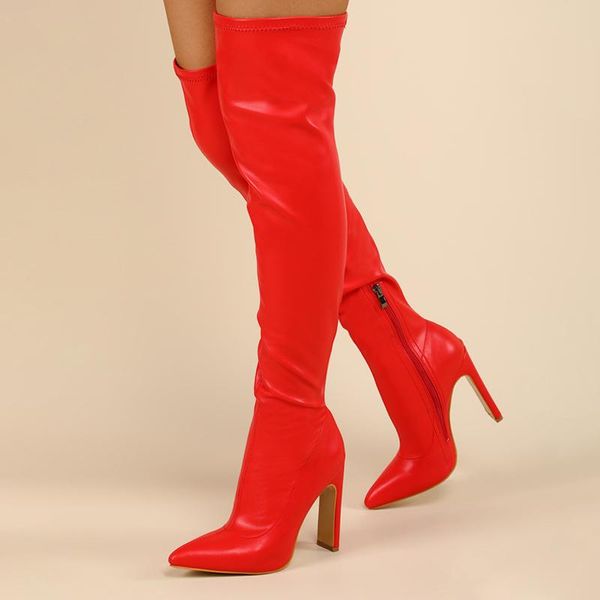 

boots 2022 pointed toe over the knee thigh high women fashion zip blue gold square heels motorcycle long shoes size 42, Black
