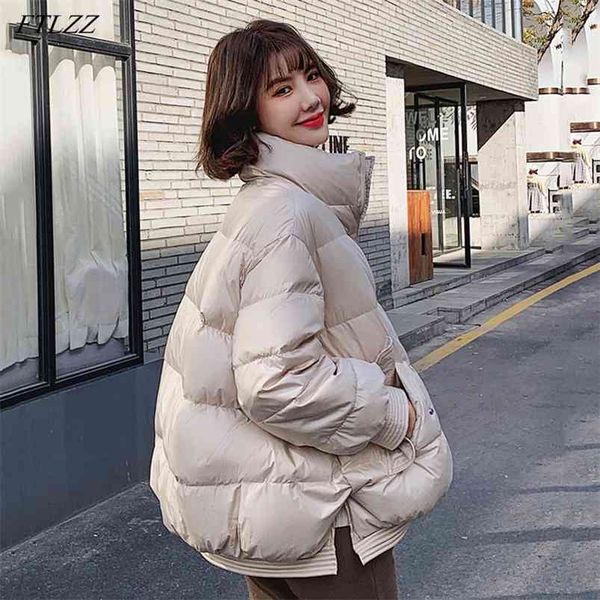 

winter women loose thick warm stand collar down coat 90% white duck parkas zipper windproof snow outwear 210430, Black