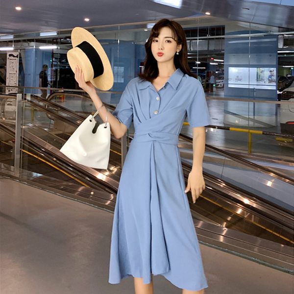 

blue woman shirt dress solid mid-calf dresses belt korean style chic clothing elegant fashion casual turn-down collar, Black;gray