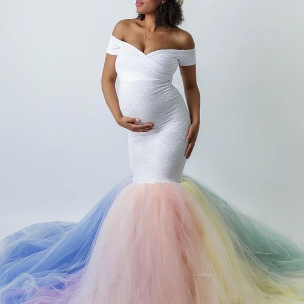 

women's lace stitching mesh yarn pregnant dress white trailing short-sleeve long pography maternity dresses