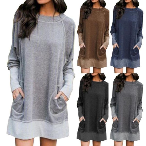 

casual dresses women dress plus size o neck long sleeve pockets loose mini sweatshirt pullover women's clothing, Black;gray