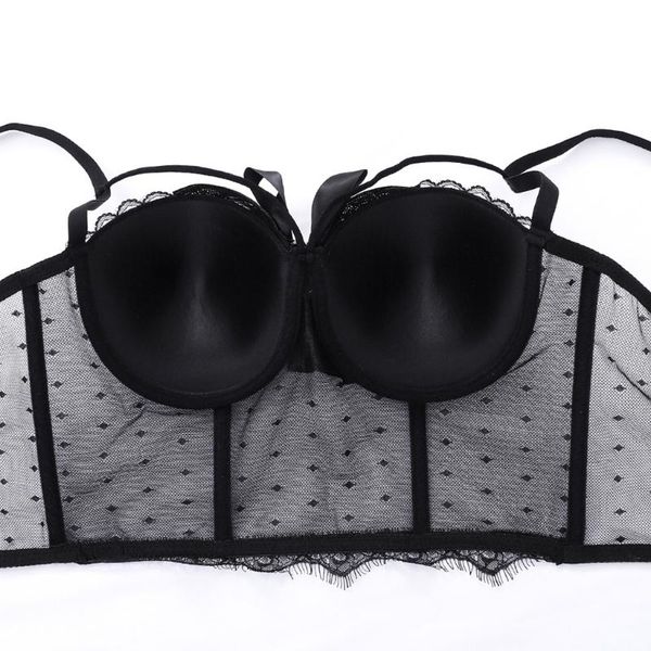 

women's swimwear women sweet sequins bow bustier bra sheer polka dot mesh lace trim camisole vest club party slimming corset crop top, White;black