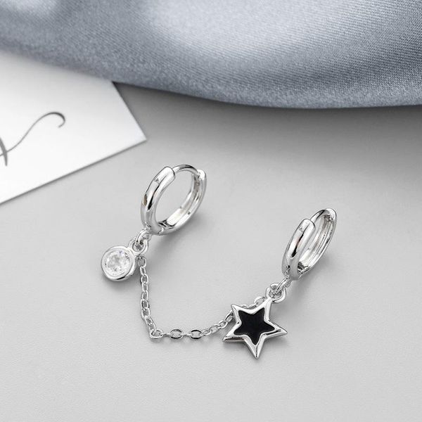 

hoop & huggie personality simple one-piece style ear piercing link chain earrings for women little star tassel double holes jewelry, Golden;silver