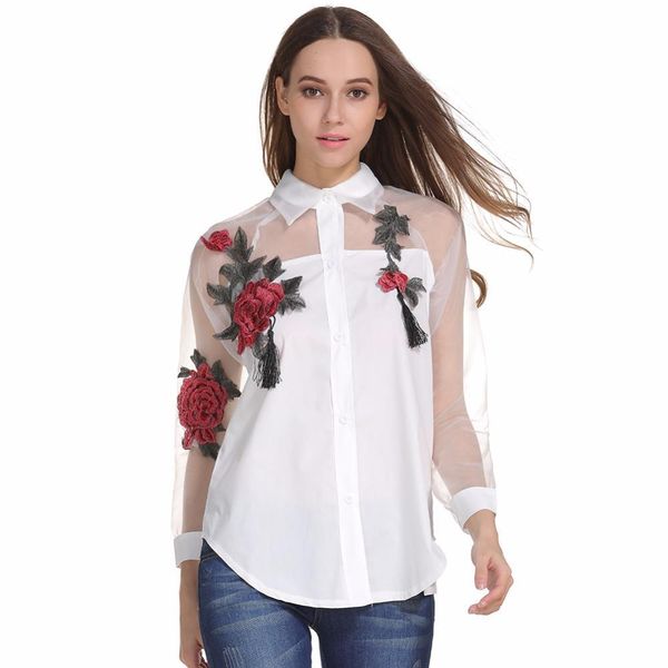 

womns fashion women blouses floral embroidery blouse long sleeve hollow mesh splicing white shirt plus size