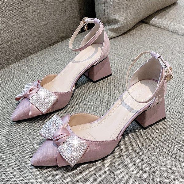 

summer style pointed thick heel women sandals sweet bow knot shallow mouth women's one-word buckle shoes, Black