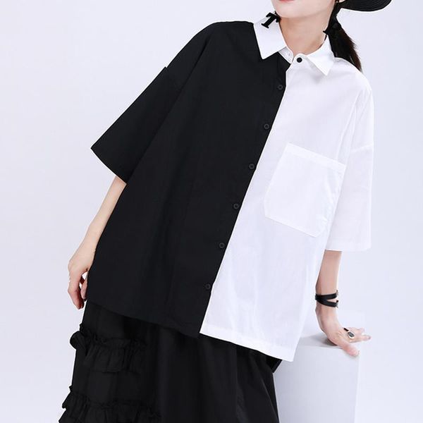 

women's t-shirt 2021 summer panelled women t shirt short sleeve loose tshirts chic pockets design turn down collar single breasted tee, White