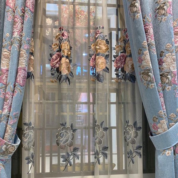 

curtain & drapes european blue jacquard curtains with exquisite embroidery style for living dining room bedroom chenille 2021