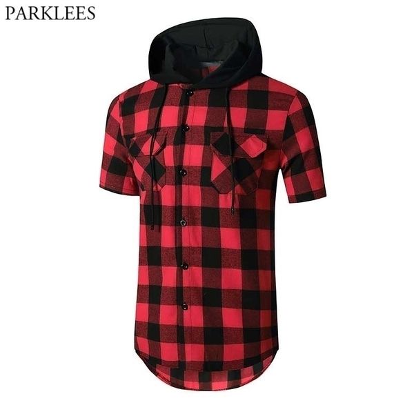 

black red plaid hoodie shirt men double pocket western snap casual shirts mens short sleeve patchwork streetwear hoodies shirts 210522, White;black