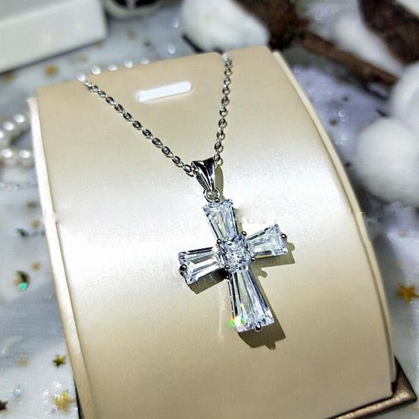 

pendant necklaces simple stylish cross for women square/trapezoidal white 5a shiny luxury bridal wedding jewelry 2021 trends, Silver