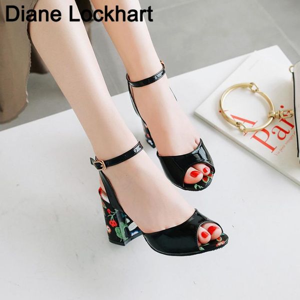 

dress shoes fashion fish mouth sandals female thick heels flowers summer print women outdoor cool high 31 32, Black