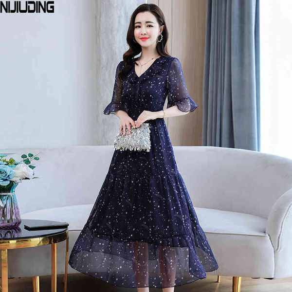 

women chiffon dresses summer short sleeve v-neck dress female floral print ruffles blue elegant vestido 210514, Black;gray