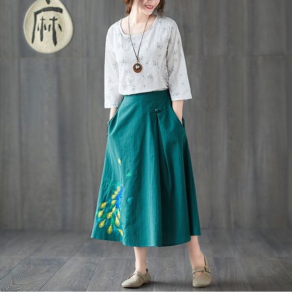 

summer loose leisure all-match retro embroidery skirt 2021 new simple comfortable solid cotton enthic aesthetic skirt 11599, Red