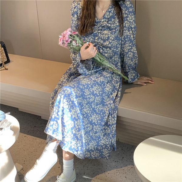 

dresses flare sleeve mid long v-neck high waist floral chiffon summer clothes for women, Black;gray