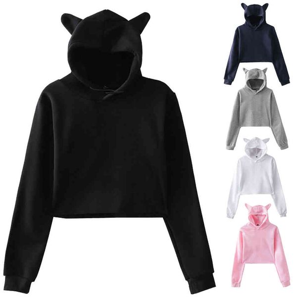 

hoodies streetwear hoodie female ears simple cat sweater harvest poleron mujer 2021 harajuku xxl solid color with drawstring hood, Black