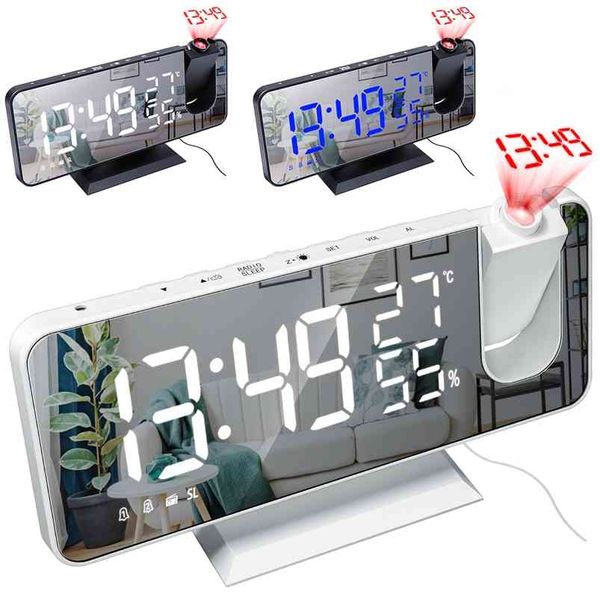 LED Digital Wecker Uhr Tisch Elektronische Desktop Uhren USB Wake Up FM Radio Zeit Projektor Snooze 210804