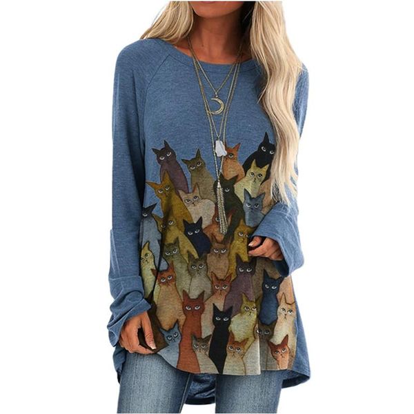 

women's t-shirt loose casual women lovely cats print oversized long sleeve 2021 trendy autumn cartoon printing tshirts femme, White