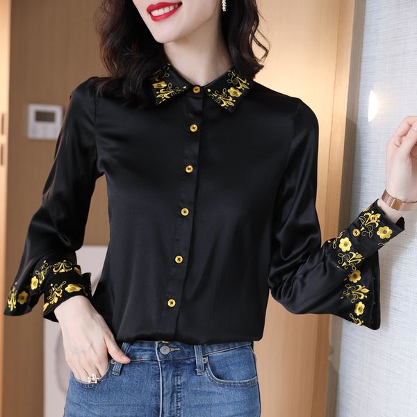 Frauen Bluse Rüschen Langarm Frühling Blusa Schwarz Gestickte Blumen Mode Hemd Kleidung Tops 80G 210420