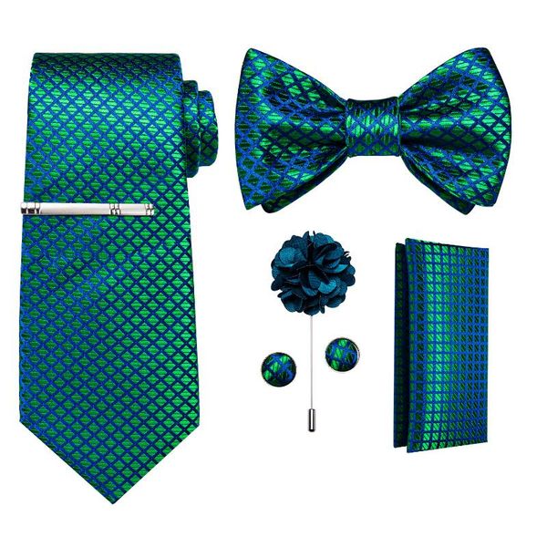 

bow ties teal blue plaid for men self tie set pocket square cufflinks clips brooch pin wedding party bowknot neck, Black;gray