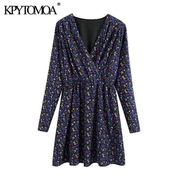 

women chic fashion with shoulder pads floral print mini dress vintage v neck elastic waist female dresses mujer 210420, Black;gray