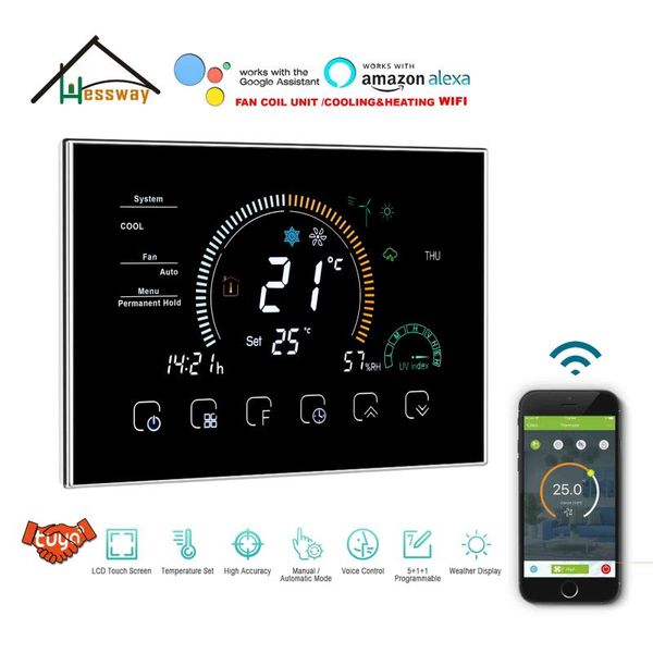 

smart home control hessway tuya wifi thermostat temperature controller for fan coil unit multifunctional weather, uv index, humidity display