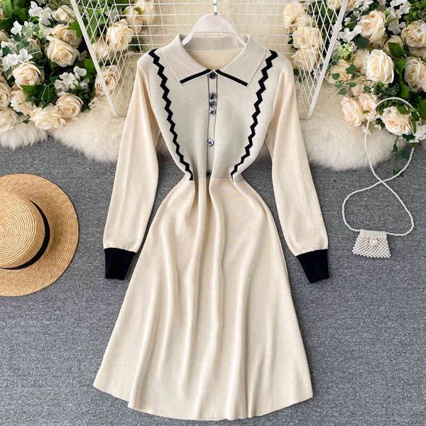 

women korean knitted dress design turn-down collar long sleeve a-line dresses autumn elastic fashion streetwear dress 210419, Black;gray