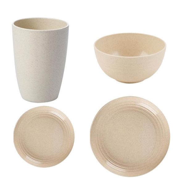 

spoons 4pcs wheat straw tableware bowl cup plate set presents (beige)
