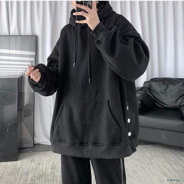 

men's hoodies & sweatshirts korean solid color 2021 casual hooded pullovers hoodie warm fleece male loose man clothing, Black