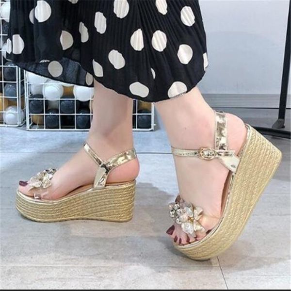 

crystal thick platforms sandals for women 2021 summer wedges beads classic ladies slope heels luxury dress shoes size 36-41, Black