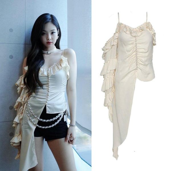 

women's blouses & shirts kpop korean celebrity dance show solid color irregular ruffled sling shirt women nightclub fashion v-neck blou, White