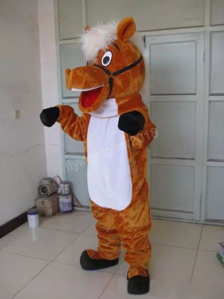 Costume della mascotte del cavallo marrone di Halloween Costume di alta qualità del fumetto di peluche Animale Anime Personaggio a tema Costume da carnevale di Natale per adulti