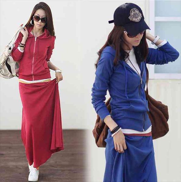 

spring autumn zipper hoodies womens tracksuits suits skirt soild color fashion hooded long sleece sets female casual dress, Gray