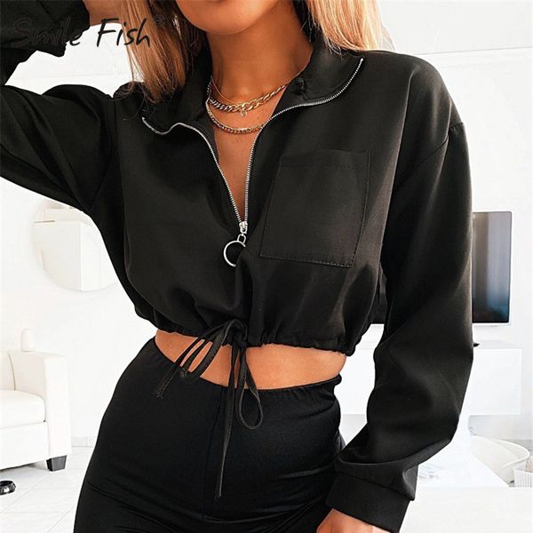 

women's t-shirt women t shirts lace up autumn zipper crop sudadera mujer pocket turtleneck harajuku loose casual hoodies m0048 wekh, White