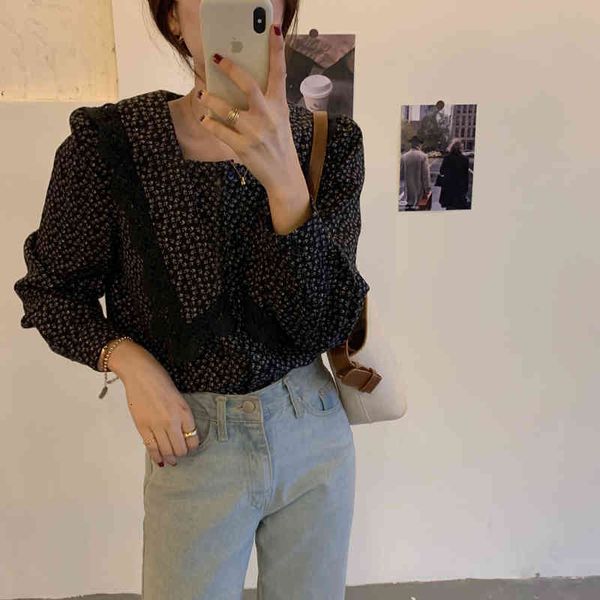 

dress retro women floral printing loose corduroy chic vintage gentle square collar elegance female shirts, White