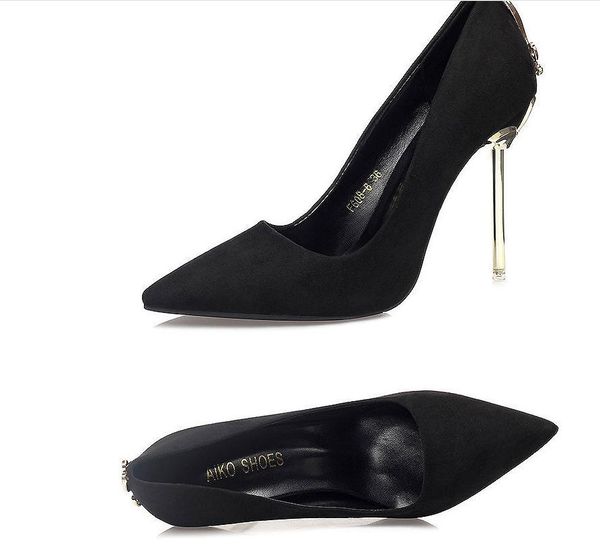 

suede women's shoes in spring and autumn high fine heel pointed end@20, Black