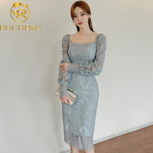 

casual dresses 2021 spring and autumn korean fashion temperament slim lace stitching mid-long party dress package hip, Black;gray