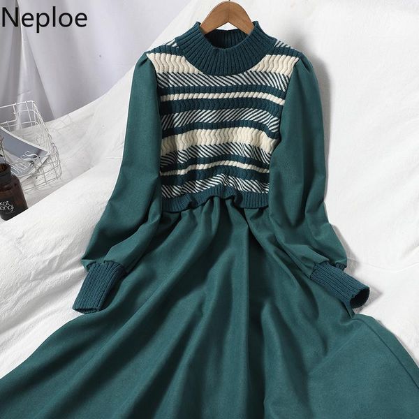 

casual dresses neploe striped women maxi knitted dress long sleeve o-neck fashion lady slim stretchy elegant vestidos robe 4g410, Black;gray