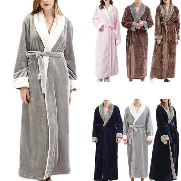 

women men winter flannel lapel bathrobe thicken coral velvet contrast color long kimono robe warm belted nightgown sleepwea women's sle, Black;red