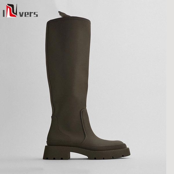 

women's boots hnee-high khaki green laminated flat winter long, Black